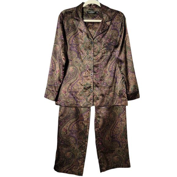 Lauren Ralph Lauren Black Label Womens Paisley Satin 2 Piece Pajama Set Small - Picture 1 of 9